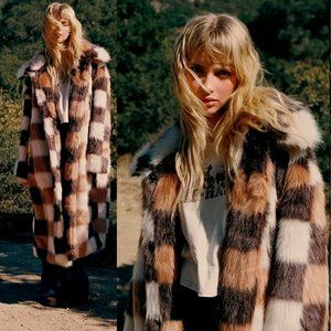 💥SHOWSTOPPER💥 Checkerboard Long Faux Fur Coat in Tan/Espresso/ Ivory